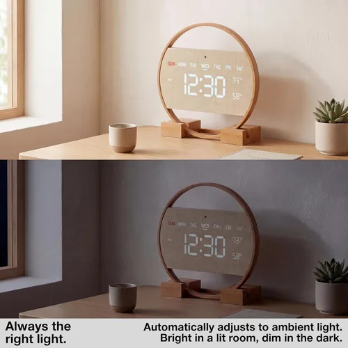 Vista 5 de Driini Reloj de pared digital grande – Reloj de pared de madera de bambú digital redondo con pantalla grande – Reloj de pared LED – Atenuación