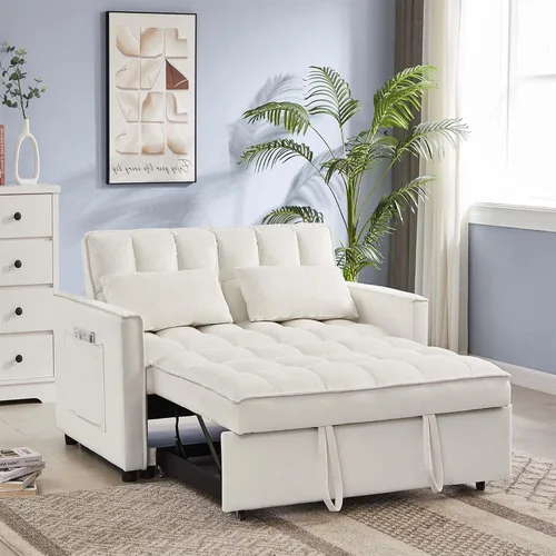 Vista 9 de JEEOHEY Sofá cama extraíble, sofá cama convertible moderno de terciopelo de 55 pulgadas, sofá cama pequeño con 2 almohadas y bolsillos laterales