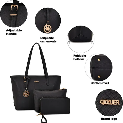 Vista 5 de Monederos para mujer, conjuntos de cartera, bolsas de hombro, asa superior, bolsa de trabajo, con cartera a juego, 3 piezas