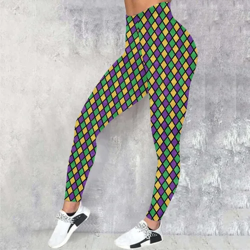 Vista 2 de sdbrld Leggings de Mardi Gras para mujer, color morado, gráfico, cintura alta, elásticos, con estampado de carnaval, festival, fiesta, yoga