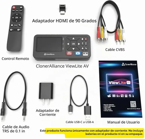 Vista 5 de ClonerAlliance ViewLite AV, convertidor portátil de audio y video analógico a digital MP4/MP3 con control remoto. Captura