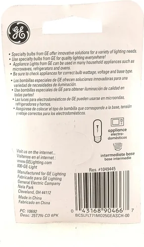 Vista 2 de GE 10692 - Bombilla de repuesto para horno microondas y electrodomésticos, 25 vatios, base T7, E17, paquete de 6