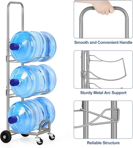 Vista 5 de Soporte para jarra de agua de 5 galones con 4 ruedas, organizador de botellas de agua movible de 3 niveles con ruedas bloqueables, resistente