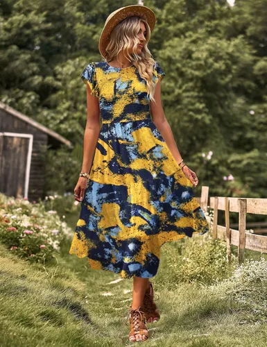 Vista 2 de YESNO Vestidos de verano para mujer, con volantes, manga casquillo, vestido casual bohemio con corpiño fruncido con bolsillos, E05