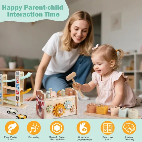 Vista 12 de Juguetes de madera Montessori para niños pequeños de 1 a 3 años, juguete de martillado y golpeo para bebés con xilófono y juego de pesca, pista