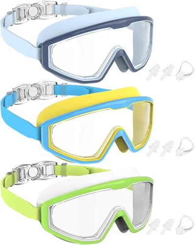 Vista 9 de NSSIW Gafas de natación para niños, antiniebla, sin fugas, con clip para la nariz, tapones para los oídos para niñas, niños y jóvenes, 6-14, paquete