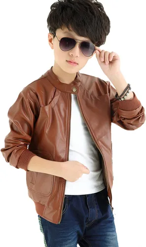 Vista 7 de Chaqueta de moto de piel sintética para niños, cuello alto Negro