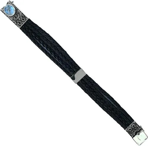 Vista 6 de Pulsera de plata de ley 925 hecha a mano con piedra lunar de fuego azul natural para hombres y mujeres, joyería de moda, Plata Esterlina, piedra