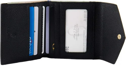 Vista 4 de YBONNE Cartera delgada para mujer, con bloqueo RFID, de piel auténtica, pequeña, compacta, plegable, mini, con bolsillo tipo sobre, tarjetero, Negro