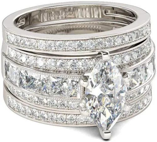 Vista 9 de Jeulia Juego de anillos de boda de 2 quilates de 3 piezas para mujer, anillos de compromiso de circonita cúbica de corte marquesa de plata de ley