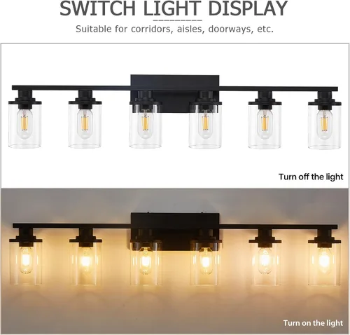 Vista 5 de 6 Luces de Tocador de Baño de Negro Mate con Vidrio Transparente y Base de Metal, Luces de Tocador Negras para Baño Sobre Espejo