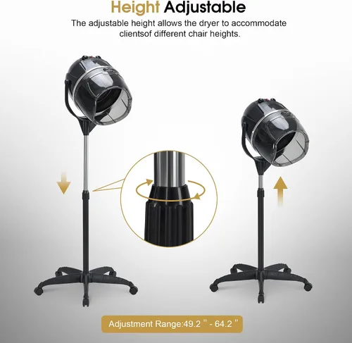 Vista 7 de BarberPub Secador de pelo con capucha de 1300 W con soporte, base rodante de pie ajustable en altura, equipo de salón de belleza con rotación