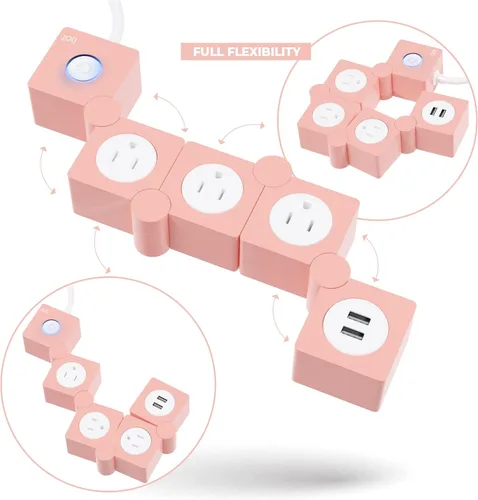 Vista 11 de iJoy - Tira de enchufes flexible: 3 salidas de corriente alterna y 2 puertos de carga USB con cable de extensión rosa, tiras de enchufes