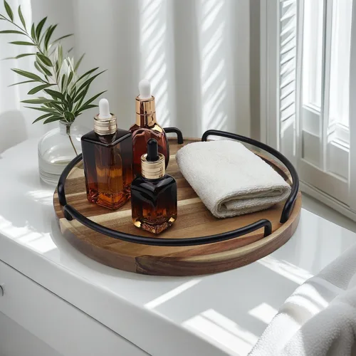 Vista 3 de Bandeja redonda de madera para servir, bandeja decorativa de estilo rústico para mesa de café, sala de estar, tocador, bandeja de madera de acacia