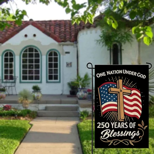 Vista 7 de Blessings America Bandera de Jardín 250, Una Nación Bajo Dios, Diseño de Cruz Patriótica del 250º Aniversario de EE.UU., Arpillera de Doble Cara, 12