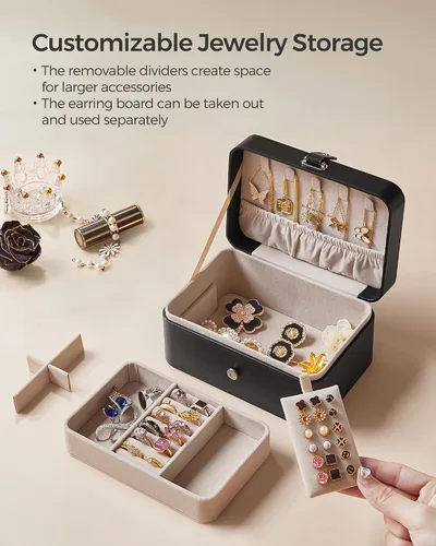 Vista 5 de SONGMICS Joyero de viaje, organizador de joyas de 2 capas, 4.3 x 6.3 x 3.1 pulgadas, portátil, versátil almacenamiento de aretes, para accesorios