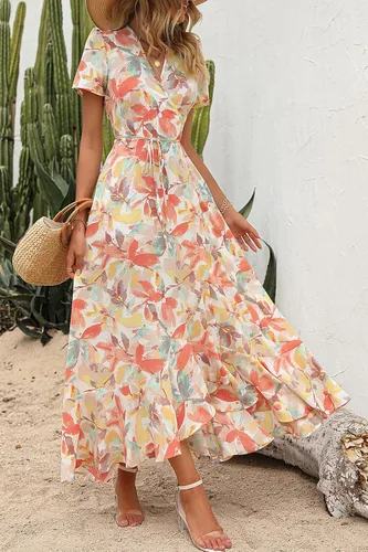 Vista 4 de PRETTYGARDEN - Vestido largo de verano cruzado para mujer, con cuello en V, estilo bohemio, floral, manga corta, dobladillo con volantes