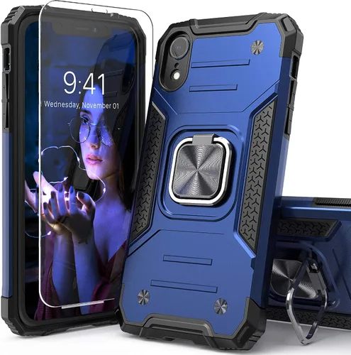 Vista 9 de Funda protectora ligera para iPhone Xs con protector de pantalla, absorción de golpes, resistente a prueba de caídas con soporte para automóvil