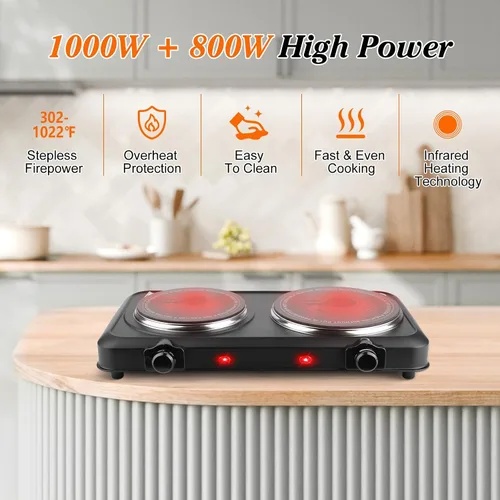 Vista 2 de Estufa eléctrica de 1800 W, quemador infrarrojo portátil, doble quemador eléctrico con ajustes de temperatura continuos, encimera doble estufa