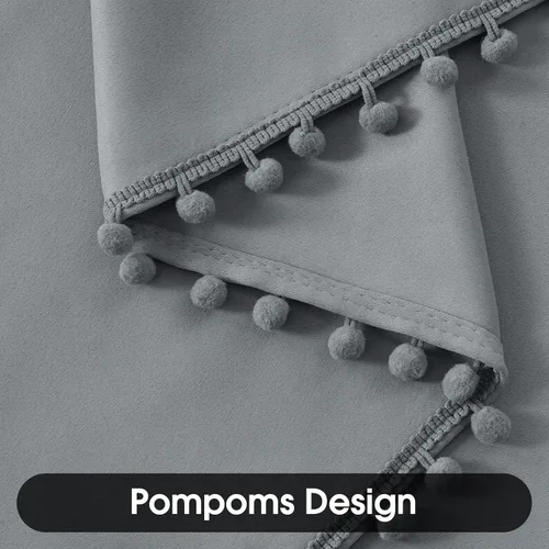 Vista 3 de HOMEIDEAS Cortinas opacas con pompones grises de 52 x 63 pulgadas de largo, con ojales, para oscurecer la habitación, 2 paneles para dormitorio