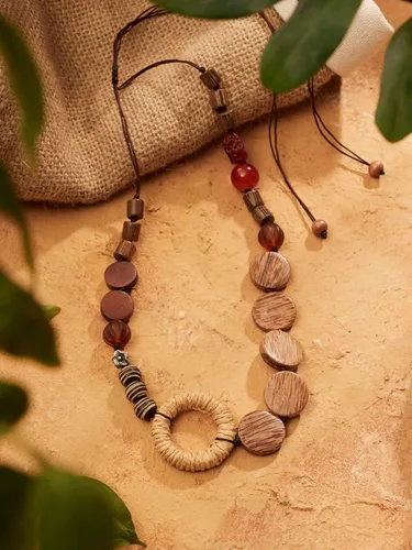 Vista 5 de MINACHI Handmade Braided Necklace for Women, Wooden Beads, Rattan Charm, Vintage Style, Gift Jewelry
