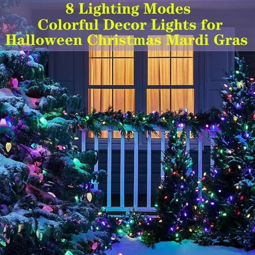 Vista 5 de Luces solares de Navidad para exteriores, cadena de luces C6 de fresa, luces de Mardi Gras, 100 LED, 8 modos, impermeable, uso al aire libre