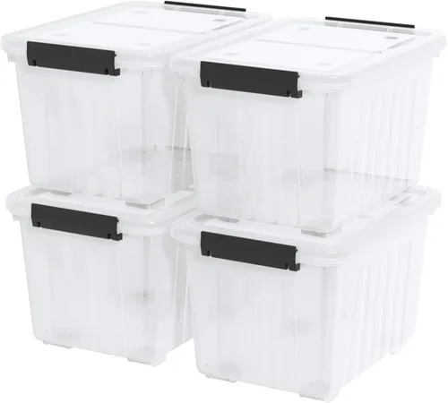 Vista 10 de Paquete de 4 cajas de plástico de 20 L, contenedores de almacenamiento transparentes con tapas/asas