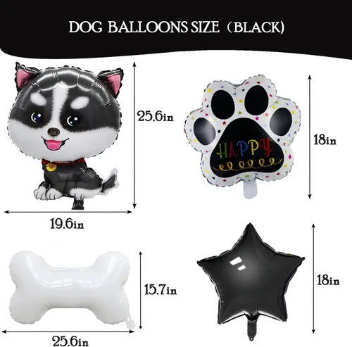 Vista 2 de 6 globos de papel de aluminio de Mylar con estampado de pata de hueso de perro Husky para decoraciones de cumpleaños de perros y suministros de Negro