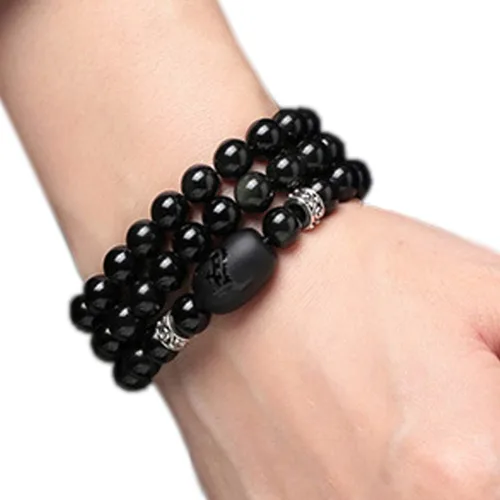 Vista 3 de Pulsera de obsidiana de cristal grabado con dragón o fénix totem cilindro cuentas hombres o mujeres cadena de piedra natural famosa moda 12MM 10MM