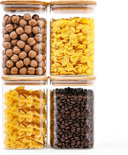 Vista 11 de SHOWIN Tarros de almacenamiento de pasta de vidrio de 73 onzas, tarros altos de vidrio con tapas de bambú, contenedor de espagueti, juego de 3