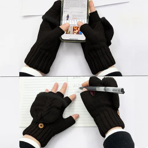 Vista 74 de Beurlike Guantes de invierno para mujer, de lana cálida, a prueba de viento, convertibles, sin dedos