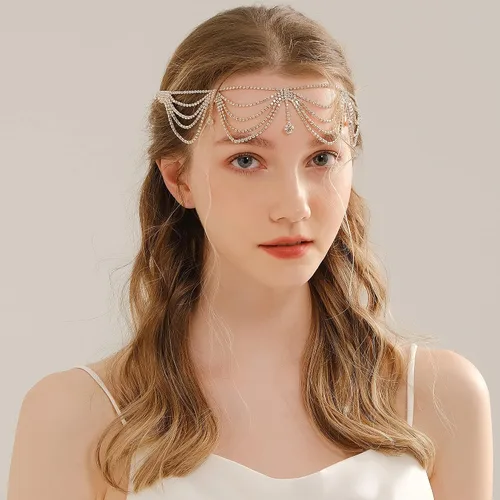 Vista 4 de Cadena de cabeza de diamantes de imitación de novia para mujer, accesorio de boda bohemio, joyería de moda