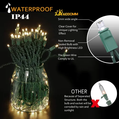 Vista 2 de 100 Luces LED de Navidad Blanco Cálido – 50 pies Luces de Navidad Blancas de 5mm para Exteriores Grado Comercial Resistente al Agua, Decoraciones