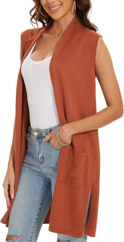 Vista 3 de INKOFF Chaleco de punto largo para mujer, sin mangas, con bolsillos, frente abierto, drapeado, chaleco casual
