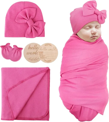 Vista 13 de AQOKKA Manta de Recepción para Recién Nacido con Gorro de Lazo Mitones Juego de Tarjetas de Madera para Recién Nacidos Niños Pequeños Bebé Niño Niña