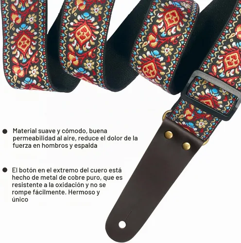 Vista 4 de Nefelibata Correa de guitarra, correas de guitarra de algodón bordadas con extremos de cuero de vaca para bajo, guitarras eléctricas y acústicas
