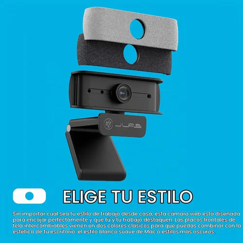 Vista 4 de JLab, JBuds Cam, cámara web USB, enfoque automático de 1080p, micrófono dual, negro con placa frontal blanca