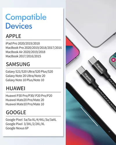 Vista 7 de etguuds - Cable largo USB C a USB C de 10 pies, 60 W, cable de carga rápida tipo C a C Para iPhone 17 16 15 Pro Max Plus Air, Samsung S26 S25 S24