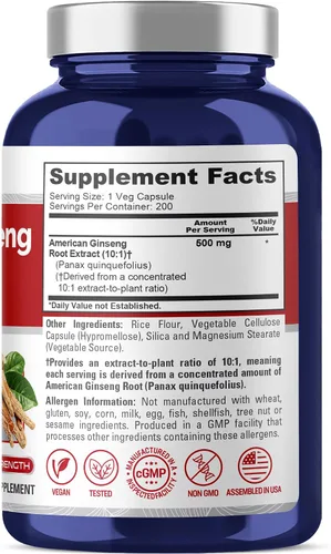 Vista 2 de NusaPure American Ginseng 5000 mg - 200 cápsulas vegetales (vegetariano, sin OMG y sin gluten)
