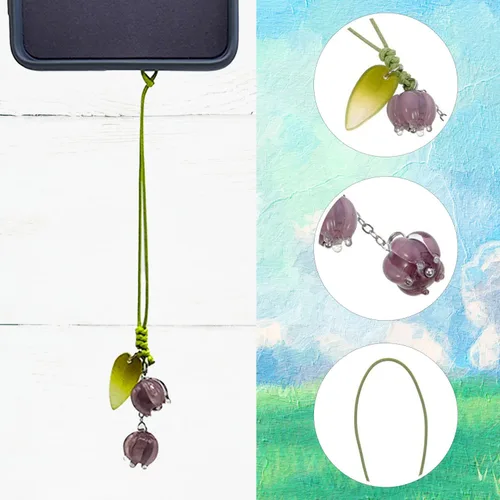 Vista 5 de Adorable dije de flor para teléfono celular, lindo llavero de accesorios de cadena de teléfono para mujeres y niñas (morado)