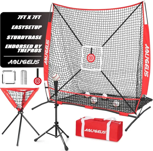 Vista 12 de 6'X6' Baseball Softball Practice Net with Batting Tee and Ball Caddy, Bonus Strike Zone Target and Bow Frame, for Hitting, Pitching, Catching
