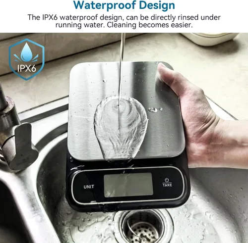 Vista 3 de BOMATA Balanza de cocina impermeable IPX6, precisión alta de 0.1 g/0.01 oz, 5 kg/11 lbs, balanza digital con luz de fondo, plataforma de pesaje