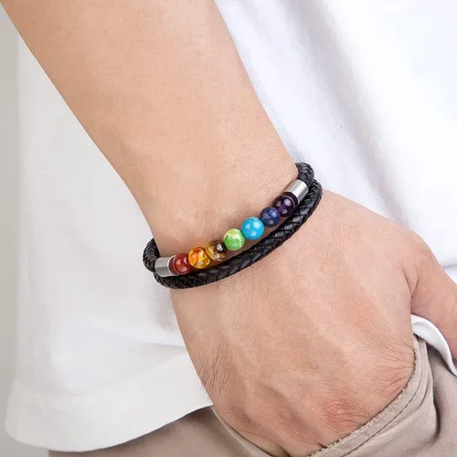 Vista 6 de Zboro - Pulsera de 7 chakras con cuero genuino para hombres y mujeres, cristal natural, curativo para la ansiedad, pulsera de meditación