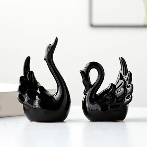 Vista 3 de Estatua de cisne de cerámica para pareja, escultura de mesa de cisne elegante, figura de cisne de porcelana, adorno de cisne de escritorio