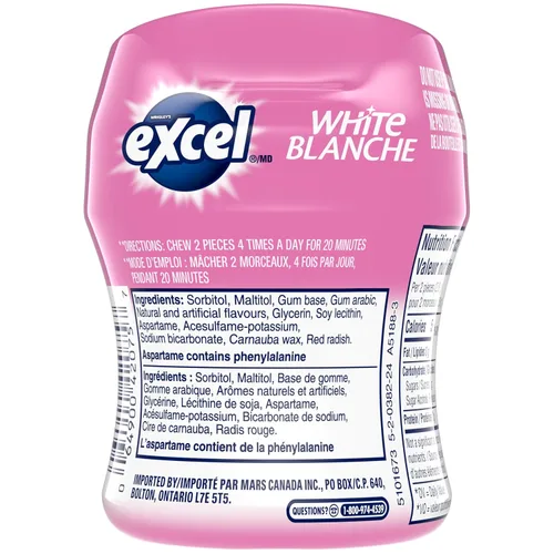 Vista 4 de Excel White Goma de mascar sin azúcar, Bubblemint, botella de 60 piezas, 6 quilates {Importado de Canadá}