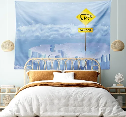 Vista 5 de Lunarable Tapiz de invierno tamaño King, letrero de peligro de oso polar en iceberg ártico norte nevado ilustración agrietada, colcha colgante