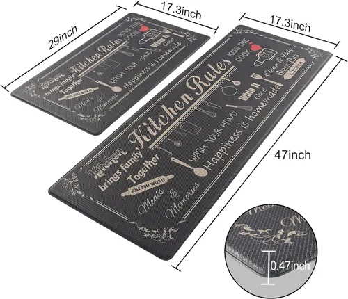 Vista 2 de Juego de 2 tapetes de cocina de granja, acolchados y antifatiga, antideslizantes, impermeables, cómodos para el hogar y la oficina, 17.3 x 30 Negro