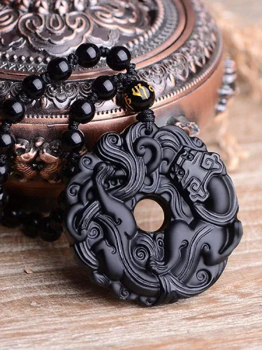 Vista 3 de Collar de amuleto de paz, de obsidiana natural, con cadena de cuentas ajustable para hombres y hombres