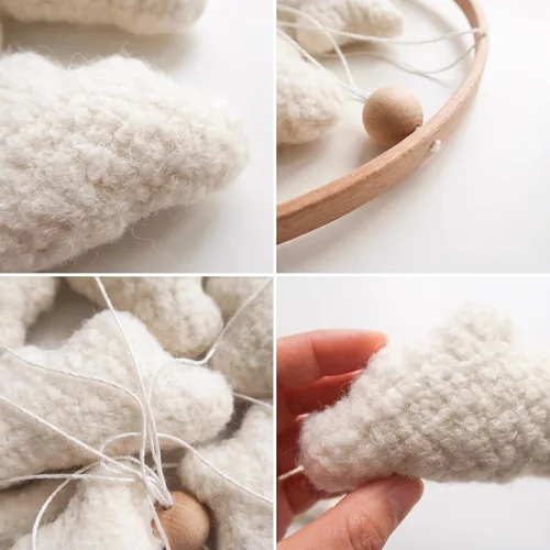 Vista 4 de Cloud Crib Mobile Baby Mobile para cuna Neutral Boho Luna y Nubes Móvil Neutral Guardería Decoración Boucle Mobile Blanco