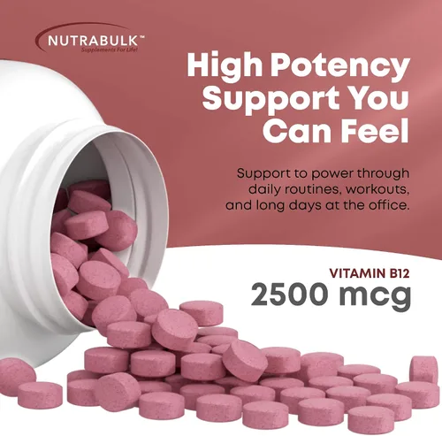 Vista 4 de NutraBulk Vitamina B12 Pastillas de disolución rápida de 2500 mcg - Sublingual B-12 con sabor a cereza - Suplemento de vitaminas B12